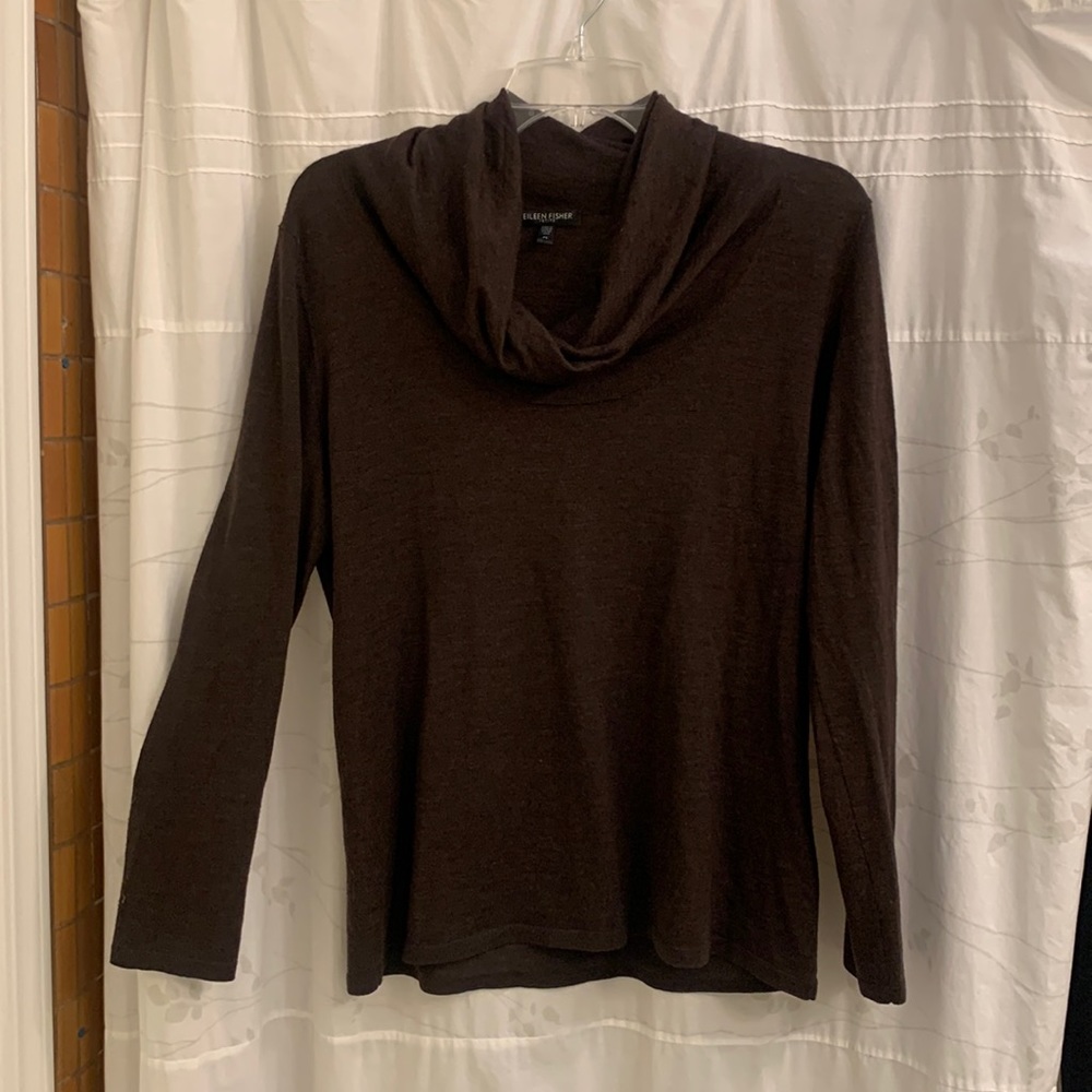 COPY - Chocolate brown 100% merino cowl-neck sweater, Eileen Fisher.